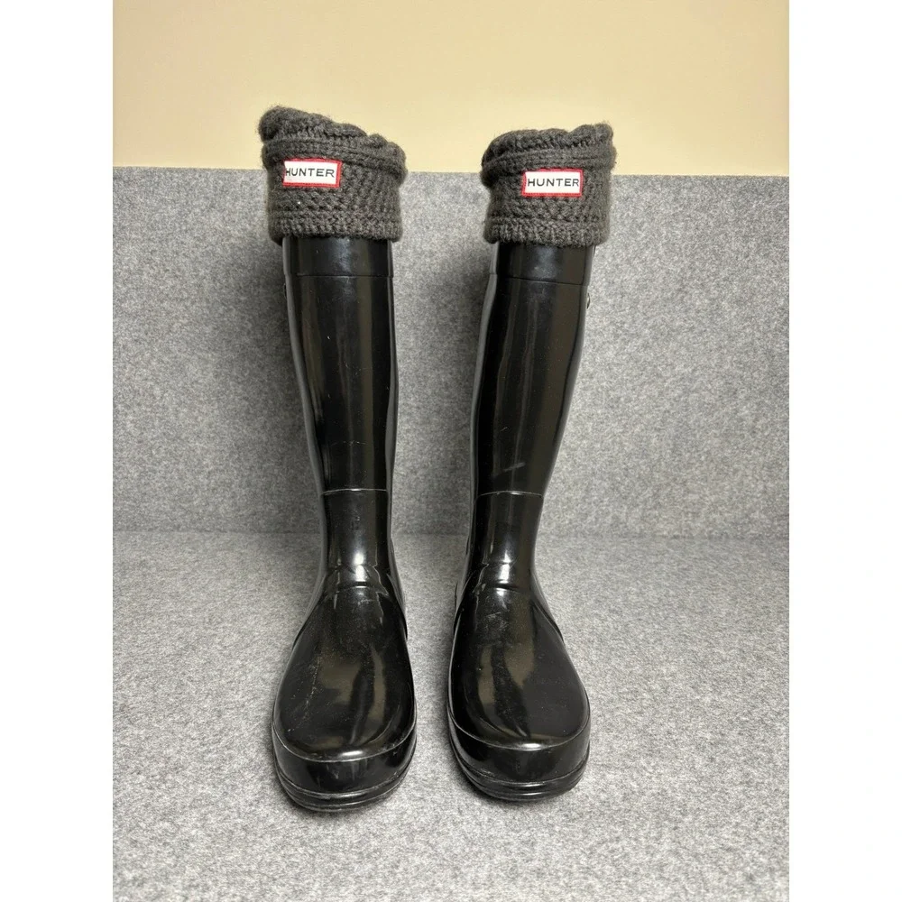 Hunter Women's Black Rain Boots with Charcoal Knit Cuffs